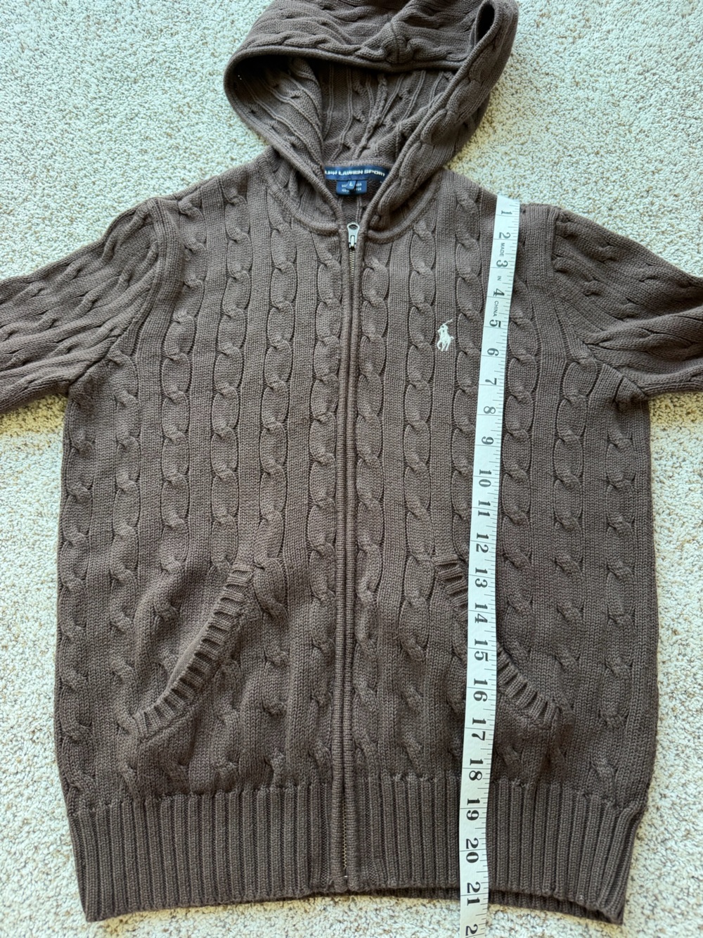 Ralph Lauren Brown Cable-Knit Zip Hoodie Sweater - Picture 10 of 11